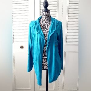 Susan Graver weekend Aqua Blue hooded Open Cardigan Large